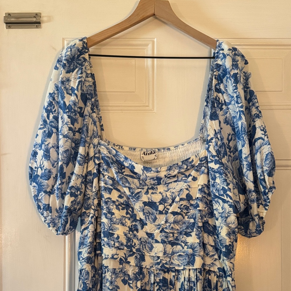 Blue Floral Puff-Sleeve Midi Dress